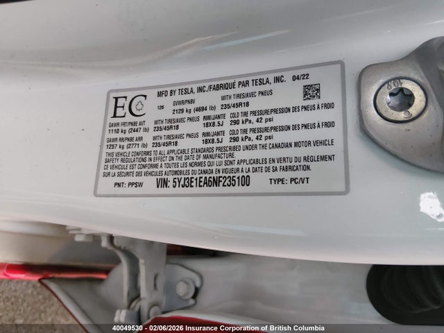 5YJ3E1EA6NF235100 Tesla MODEL 3