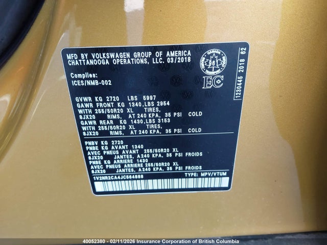 Volkswagen Atlas 2018 1V2NR2CA4JC564888 Image 9