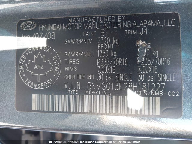 2008 Hyundai Santa Fe Gl მანქანა იყიდება აუქციონზე, vin: 5NMSG13E28H181227, აუქციონის ნომერი: 40052502