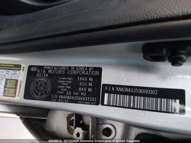 KNADN4A35G6693302 KIA Rio Ex/sx