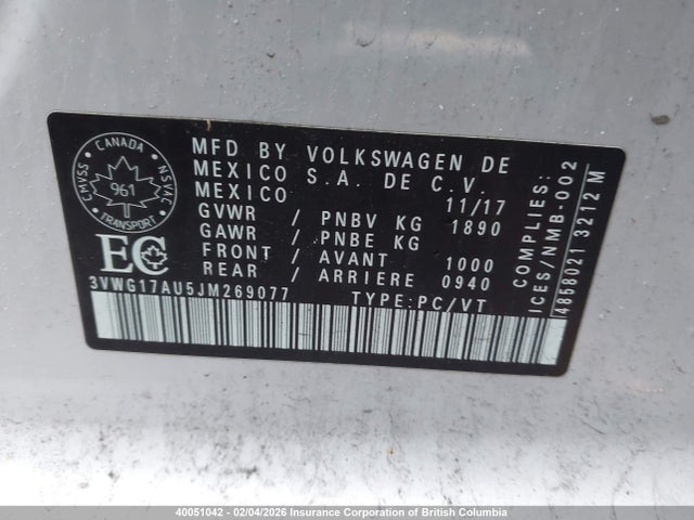 3VWG17AU5JM269077 Volkswagen GOLF S/SE