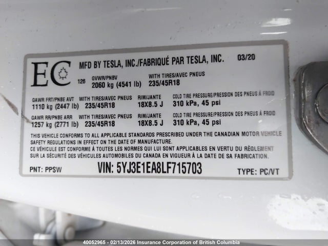 5YJ3E1EA8LF715703 Tesla MODEL 3