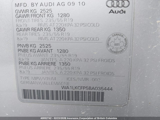 2011 Audi Q5 Premium Plus მანქანა იყიდება აუქციონზე, vin: WA1LKCFP5BA035444, აუქციონის ნომერი: 40052742