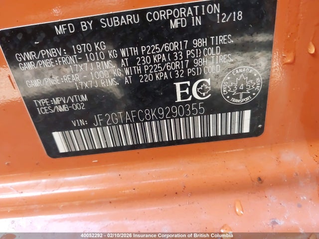 Subaru Crosstrek Premium 2019 JF2GTAFC8K9290355 Image 9