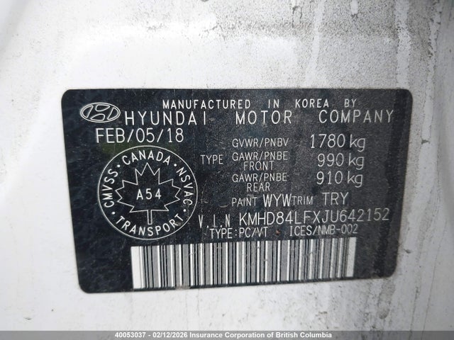KMHD84LFXJU642152 Hyundai Elantra Sel/value/limited