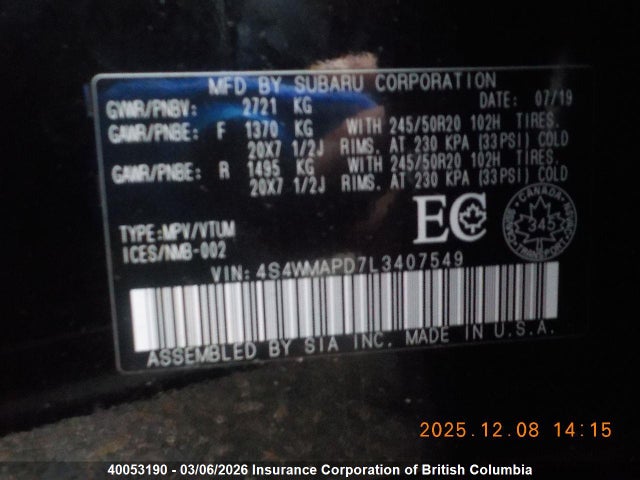 Subaru Ascent Limited 2020 4S4WMAPD7L3407549 Image 7