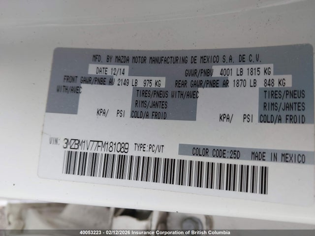 3MZBM1V77FM181089 Mazda 3 TOURING