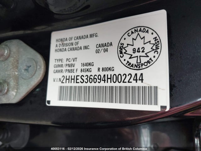 Aukcja sprzedaży 2004 Acura 1.7el Touring, vin: 2HHES36694H002244, numer aukcji: 40053116