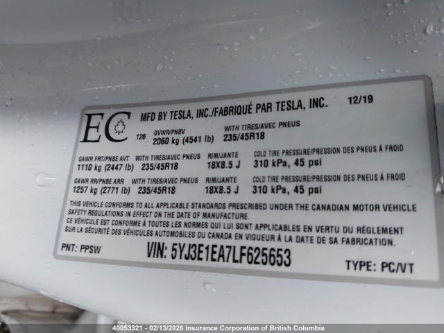 5YJ3E1EA7LF625653 Tesla Model 3 Standard Range Plus