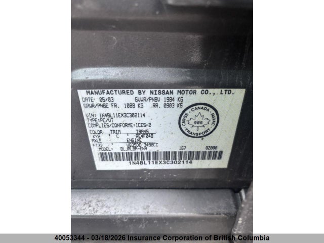 Продажа на аукционе авто 2003 Nissan Altima Se, vin: 1N4BL11EX3C302114, номер лота: 40053344