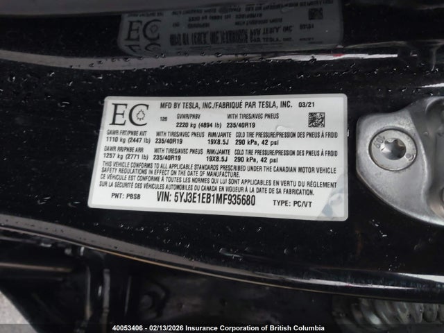 5YJ3E1EB1MF935680 Tesla MODEL 3