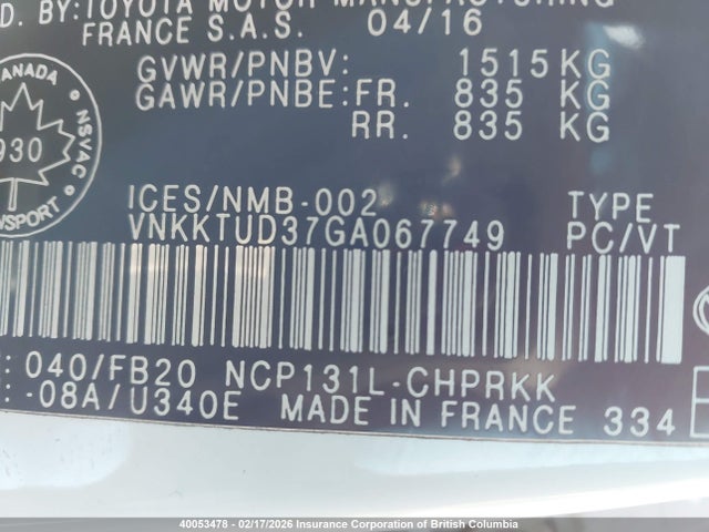 VNKKTUD37GA067749 Toyota Yaris