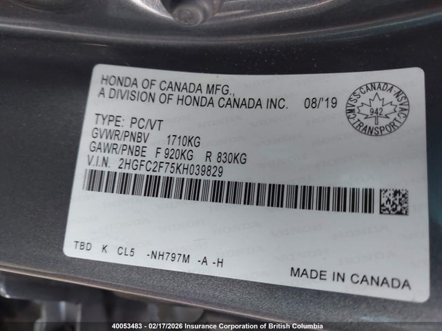 Honda Civic 2019 2HGFC2F75KH039829 Image 9
