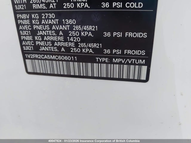 1V2FR2CA5MC606011 Volkswagen Atlas Sel Premium R-line
