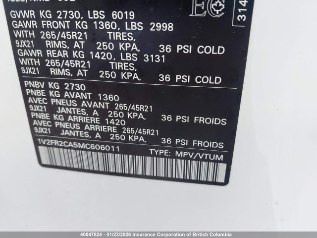 1V2FR2CA5MC606011 Volkswagen Atlas Sel Premium R-line