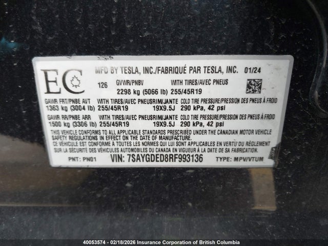 7SAYGDED8RF993136 Tesla Model Y