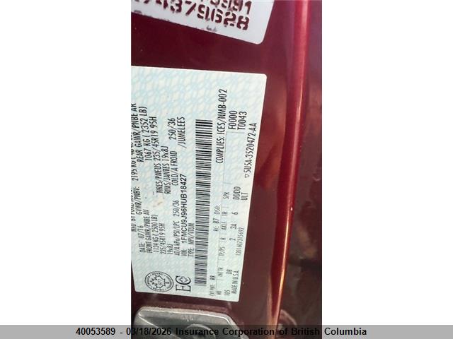 40053589 :رقم المزاد ، 1FMCU9J96HUB18427 vin ، 2017 Ford Escape Titanium مزاد بيع