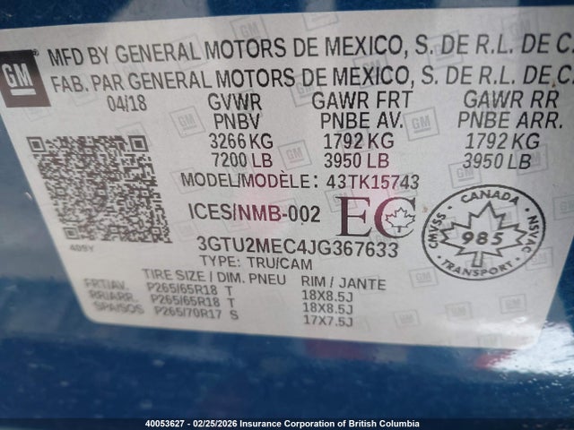 3GTU2MEC4JG367633 GMC Sierra K1500 Sle