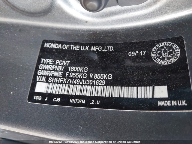 SHHFK7H49JU301629 Honda Civic