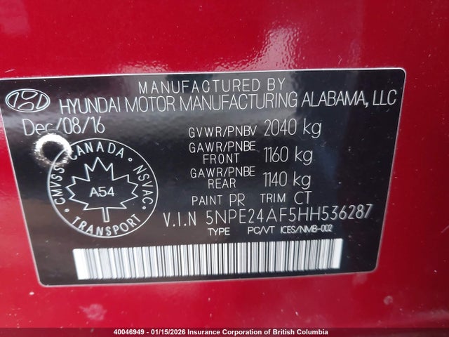 5NPE24AF5HH536287 Hyundai SONATA SE