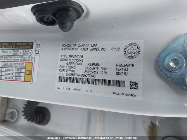 2HKRW2H46NH207186 Honda CR-V