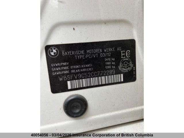 40054056 :رقم المزاد ، WBSFV9C52CC772289 vin ، 2012 Bmw M5 مزاد بيع