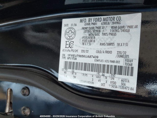 40054080 :رقم المزاد ، 1FMEU75856UA87439 vin ، 2006 Ford Explorer Limited مزاد بيع
