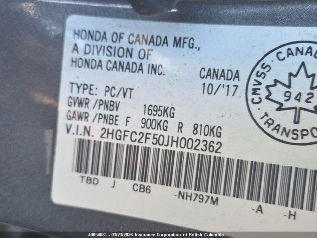 40054083 :رقم المزاد ، 2HGFC2F50JH002362 vin ، 2018 Honda Civic مزاد بيع