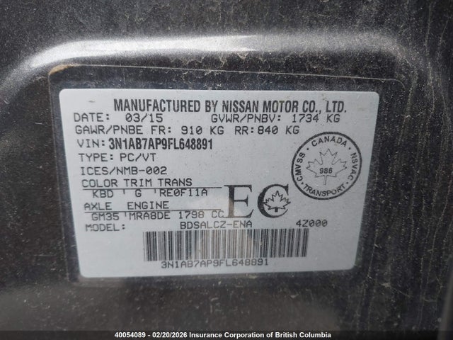 3N1AB7AP9FL648891 Nissan Sentra S/sv/sr/sl