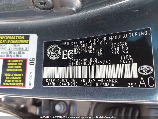 2T1BURHE0FC342743 Toyota Corolla L/le/le Pls/prm/s/s Pls