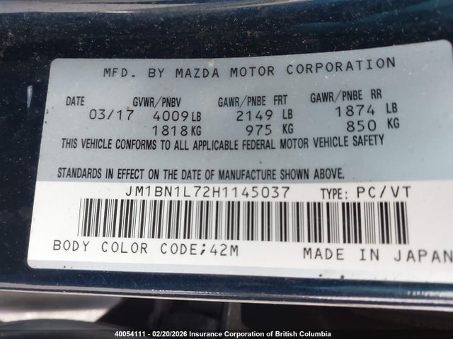 JM1BN1L72H1145037 Mazda 3 TOURING