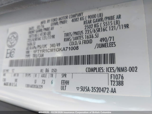 1FTYR1CM1GKA71008 Ford Transit T-250
