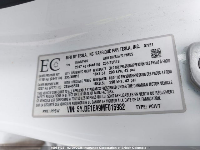 5YJ3E1EA9MF015982 Tesla MODEL 3