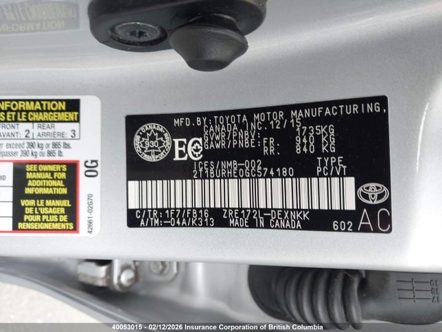 2T1BURHE0GC574180 Toyota Corolla L/le/le Pls/prm/s/s Pls