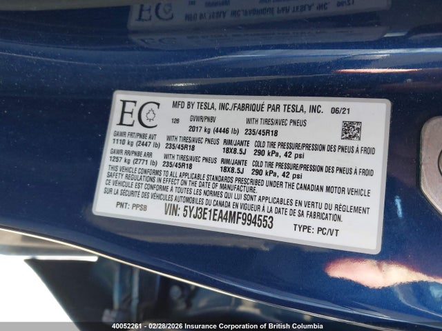 5YJ3E1EA4MF994553 Tesla MODEL 3