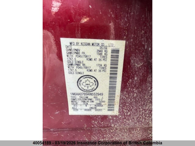 40054189 :رقم المزاد ، 1N6AA07B94N552949 vin ، 2004 Nissan Titan مزاد بيع