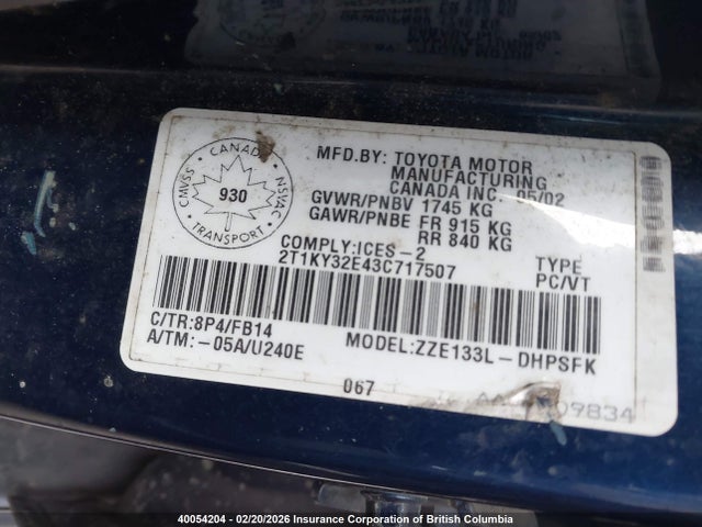 2003 Toyota Corolla Matrix Xrs მანქანა იყიდება აუქციონზე, vin: 2T1KY32E43C717507, აუქციონის ნომერი: 40054204