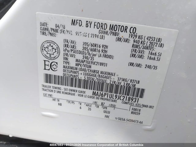 MAJ6P1UL9JC218931 Ford Ecosport Se