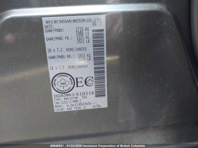 5N1DR2MMXJC610516 Nissan Pathfinder S/sv/sl/platinum