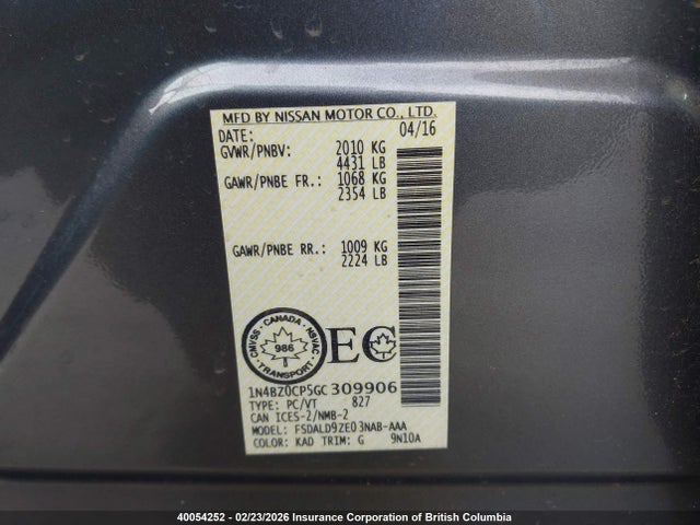 1N4BZ0CP5GC309906 Nissan Leaf