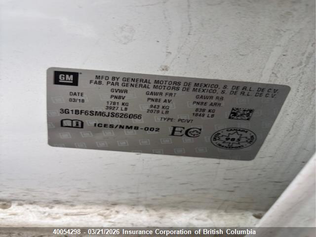 Aukcja sprzedaży 2018 Chevrolet Cruze, vin: 3G1BF6SM6JS626066, numer aukcji: 40054298