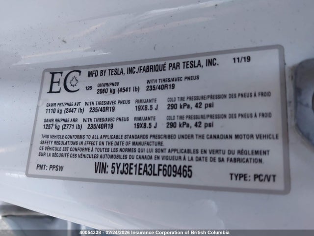 5YJ3E1EA3LF609465 Tesla MODEL 3