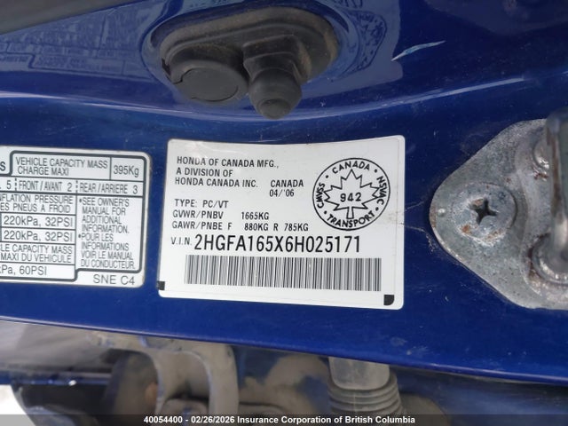 40054400 :رقم المزاد ، 2HGFA165X6H025171 vin ، 2006 Honda Civic مزاد بيع
