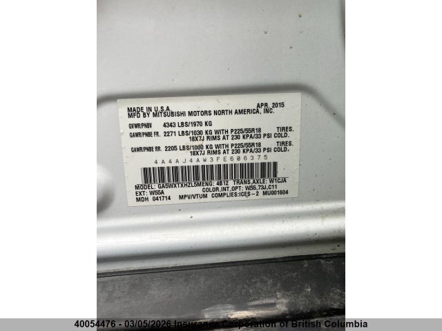 40054476 :رقم المزاد ، 4A4AJ4AW3FE606375 vin ، 2015 Mitsubishi Rvr مزاد بيع