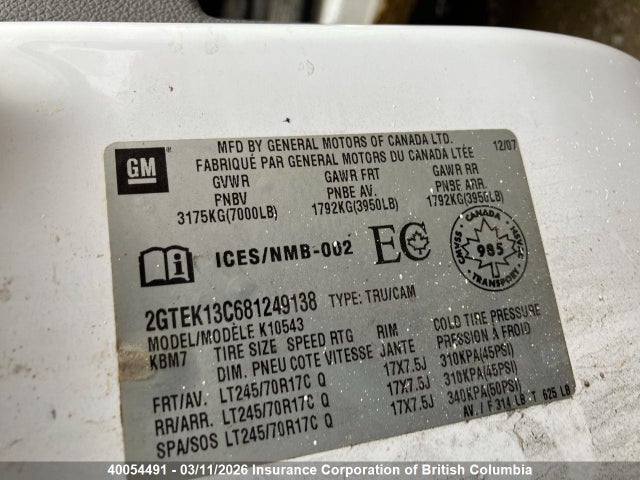 40054491 :رقم المزاد ، 2GTEK13C681249138 vin ، 2008 Gmc Sierra K1500 مزاد بيع