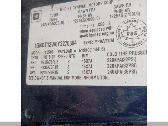 40054502 :رقم المزاد ، 1GNDT13W0Y2270304 vin ، 2000 Chevrolet Blazer مزاد بيع