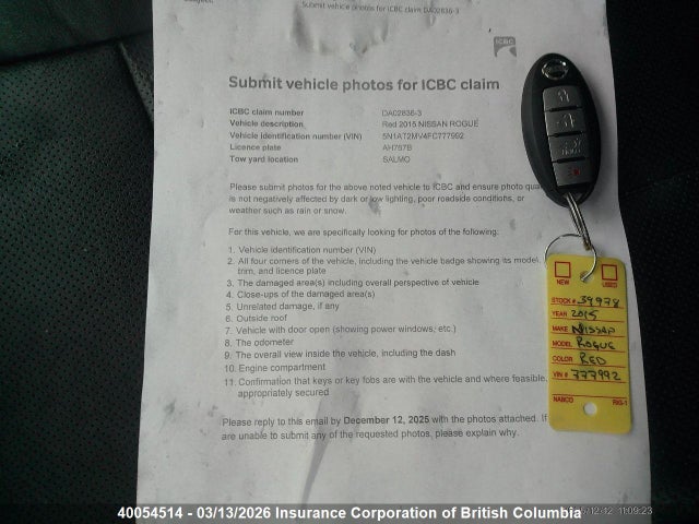 Продажа на аукционе авто 2015 Nissan Rogue, vin: 5N1AT2MV4FC777992, номер лота: 40054514