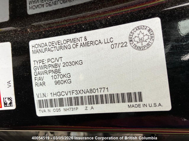 1HGCV1F3XNA801771 Honda Accord Sport