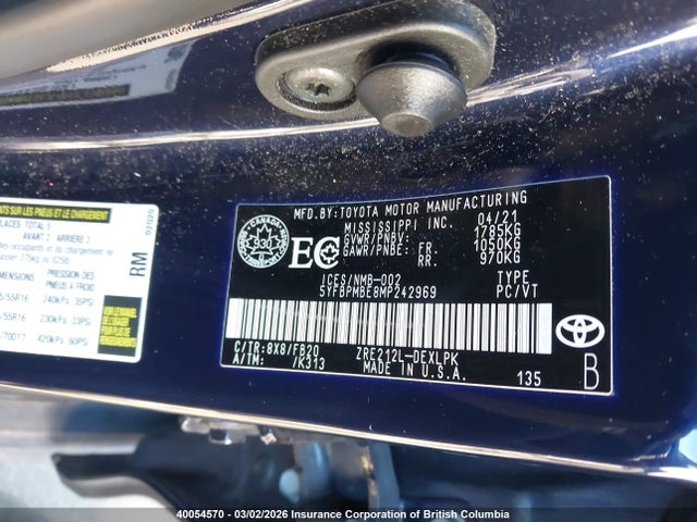 Toyota COROLLA LE 2021 5YFBPMBE8MP242969 Image 9