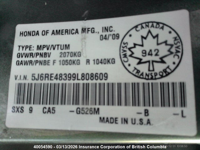 40054590 :رقم المزاد ، 5J6RE48399L808609 vin ، 2009 Honda Cr-v مزاد بيع